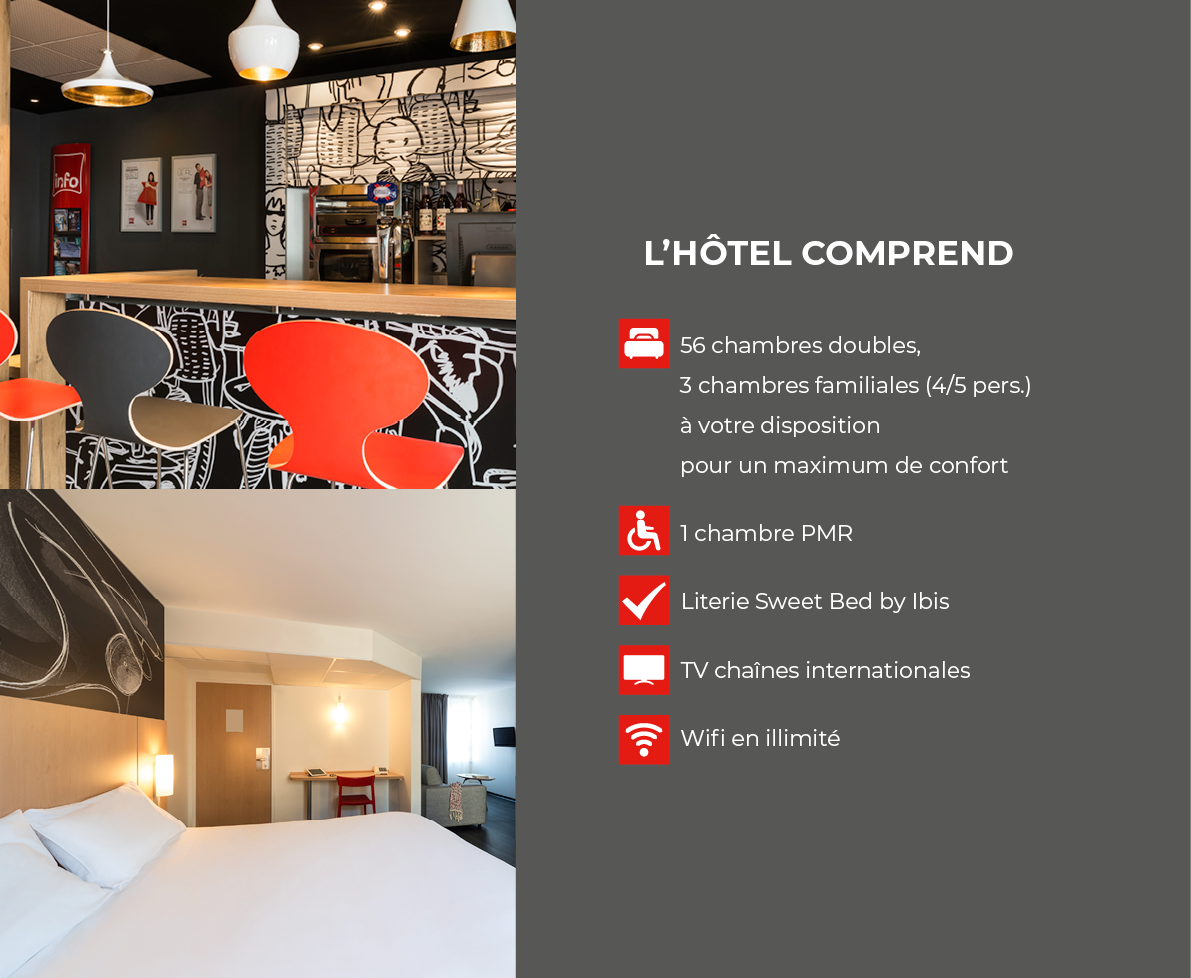 L hôtel comprend    56 chambres doubles, 3 chambres familiales (4 5 pers )à votre disposition pour un maximum de conf   
