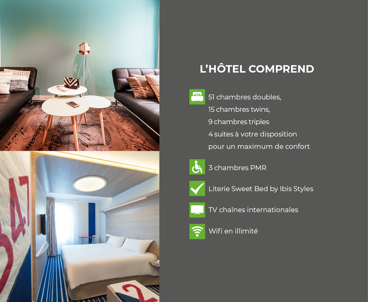 L hôtel comprend     51 chambres doubles, 15 chambres twins, 9 chambres triples 4 suites à votre disposition pour un    