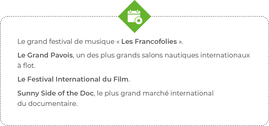 Le grand festival de musique   Les Francofolies     Le Grand Pavois, un des plus grands salons nautiques internationa   