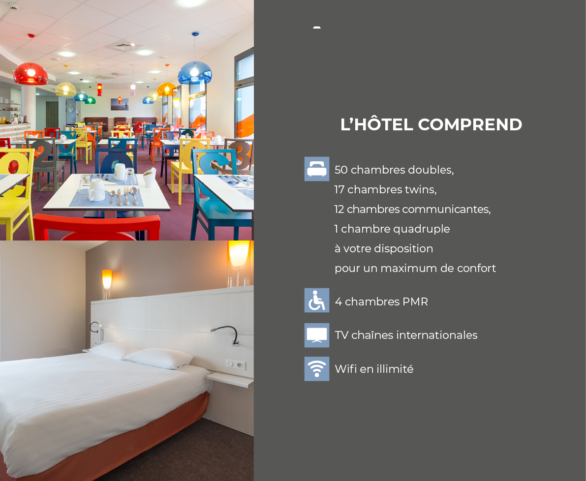 L hôtel comprend    50 chambres doubles, 17 chambres twins, 12 chambres communicantes,  1 chambre quadruple à votre d   