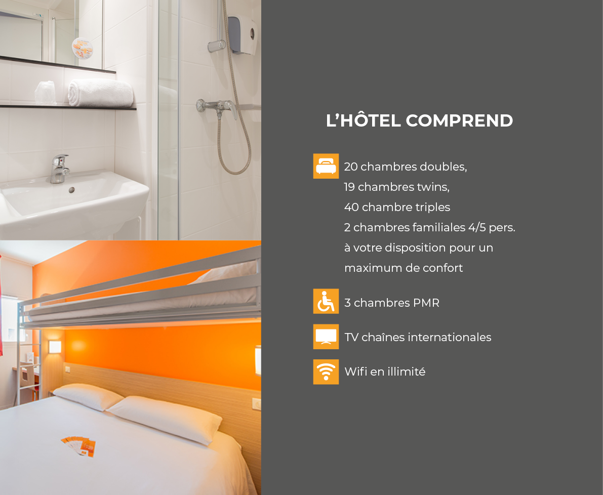L h tel comprend    20 chambres doubles, 19 chambres twins, 40 chambre triples 2 chambres familiales 4 5 pers    votr   