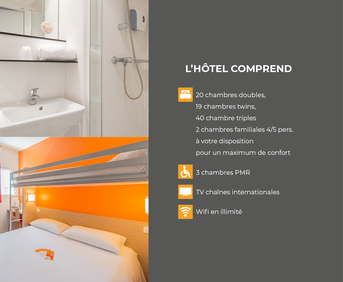 L h tel comprend    20 chambres doubles, 19 chambres twins, 40 chambre triples 2 chambres familiales 4 5 pers    votr   