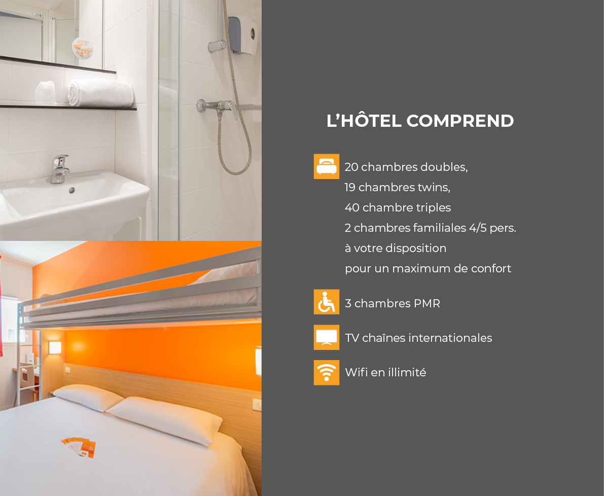 L h tel comprend    20 chambres doubles, 19 chambres twins, 40 chambre triples 2 chambres familiales 4 5 pers    votr   