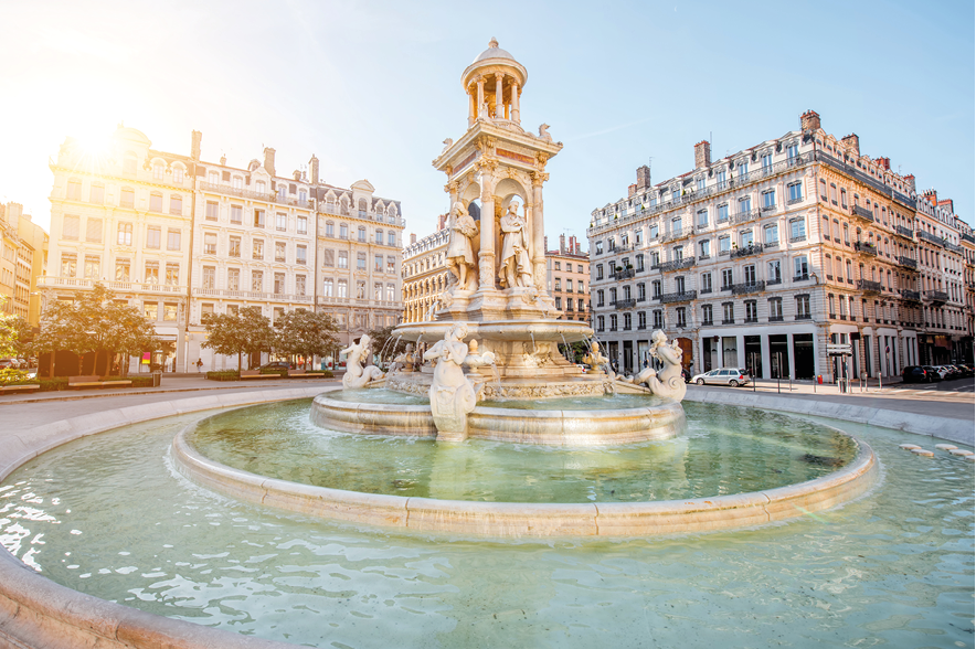 Morning view on Jacobins square and beautiful fountain in Lyon city, France