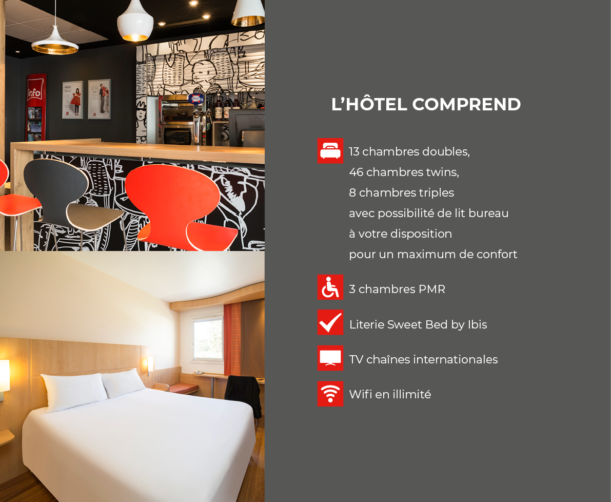 L hôtel comprend    13 chambres doubles, 46 chambres twins, 8 chambres triples avec possibilité de lit bureau à votre   