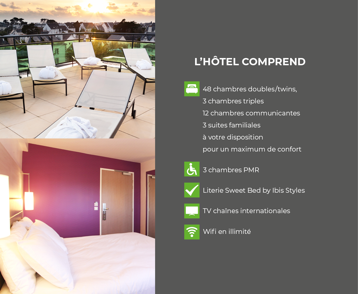 L hôtel comprend     48 chambres doubles twins, 3 chambres triples 12 chambres communicantes 3 suites familiales à vo   