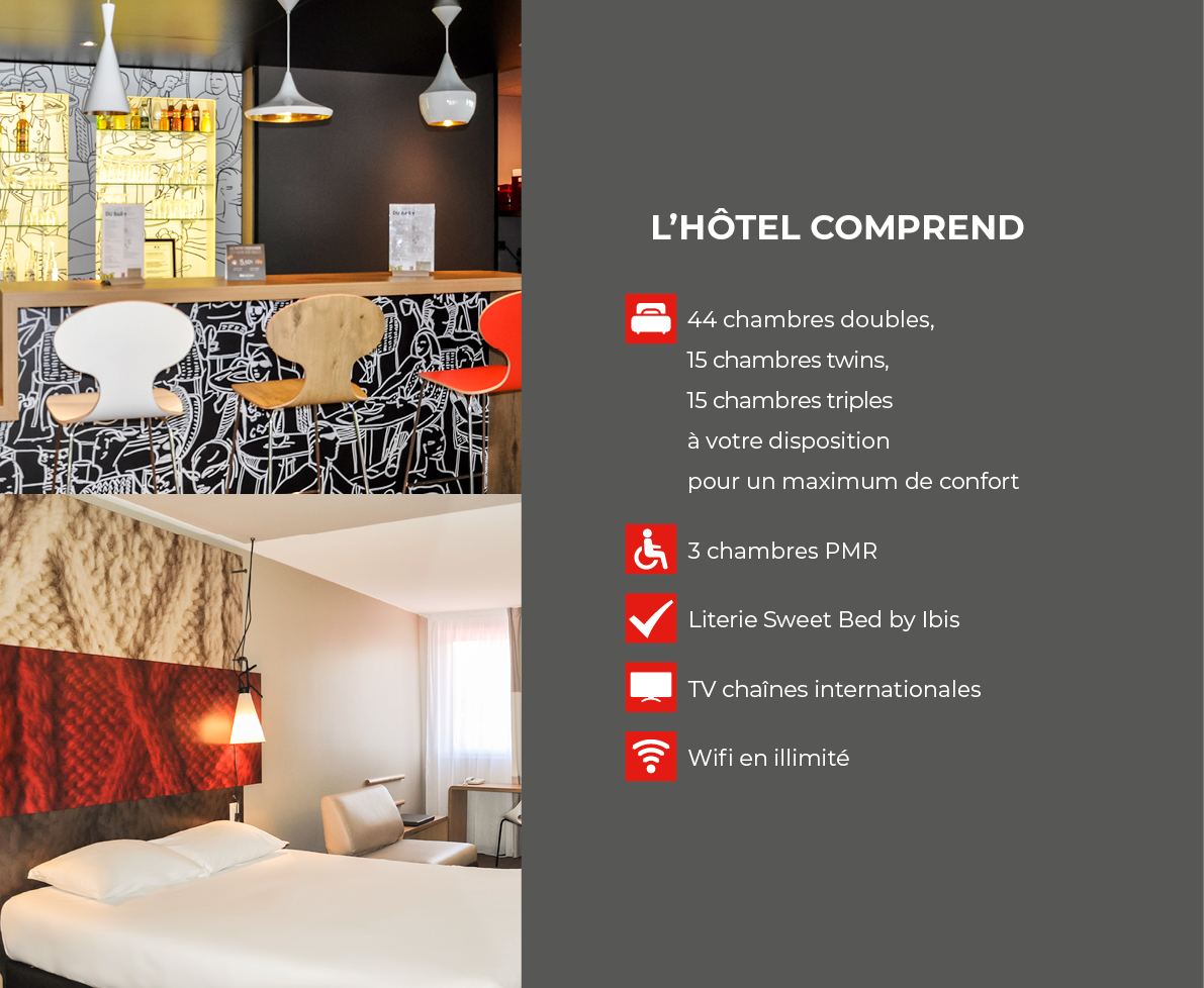 L hôtel comprend    44 chambres doubles, 15 chambres twins, 15 chambres triples à votre disposition pour un maximum d   
