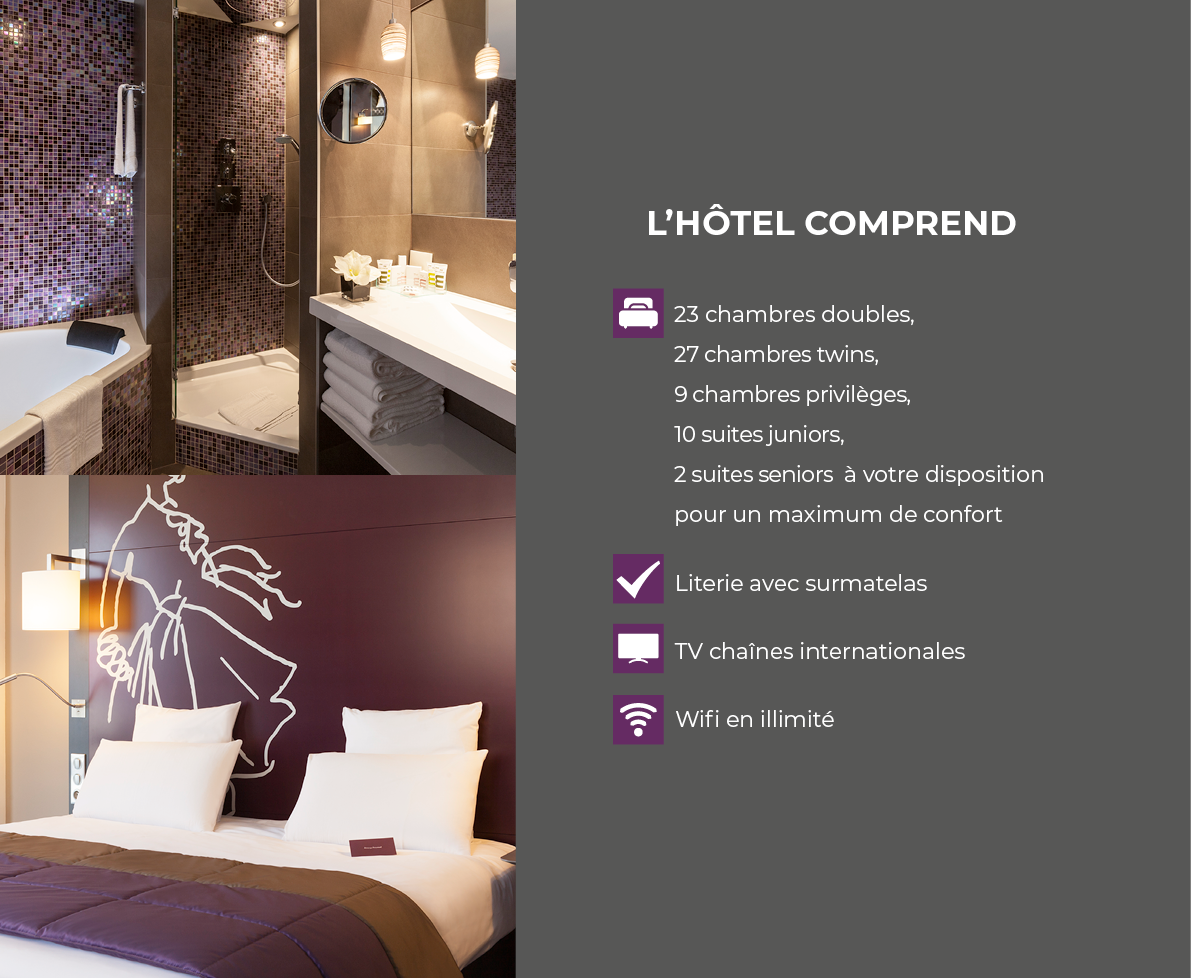 L h tel comprend     23 chambres doubles, 27 chambres twins, 9 chambres privil ges, 10 suites juniors, 2 suites senio   