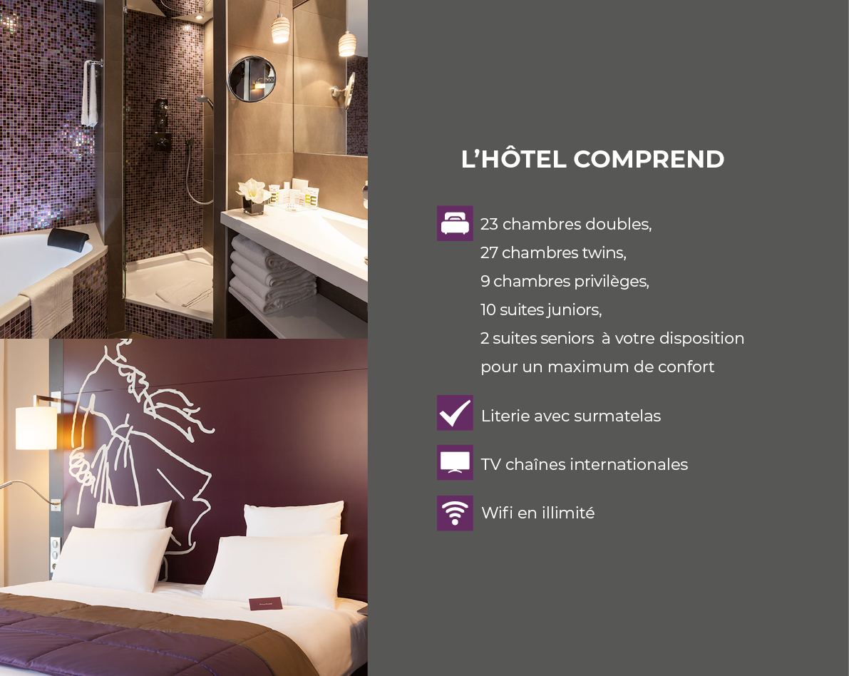 L hôtel comprend     23 chambres doubles, 27 chambres twins, 9 chambres privilèges, 10 suites juniors, 2 suites senio   
