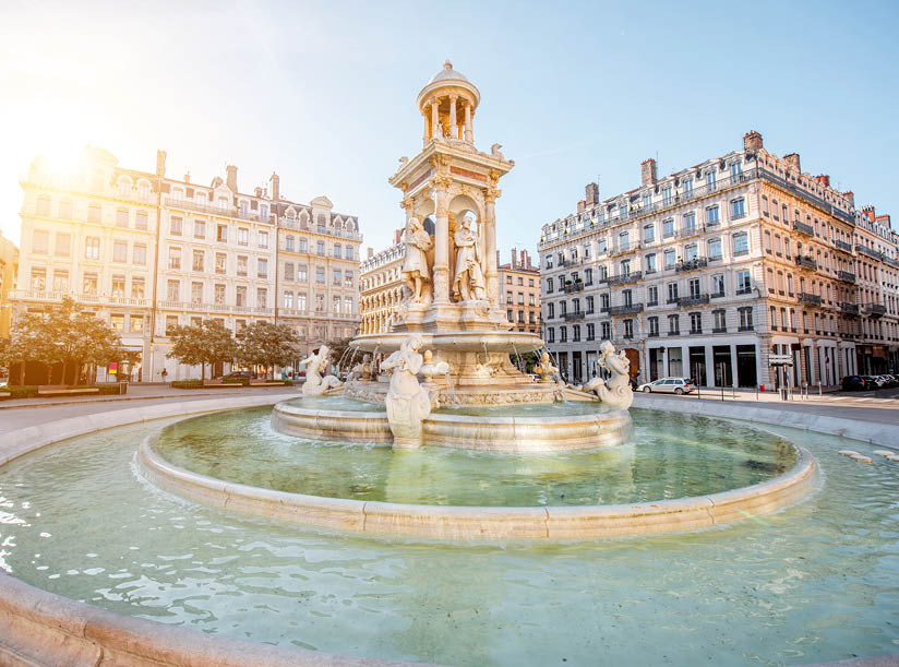 Morning view on Jacobins square and beautiful fountain in Lyon city, France