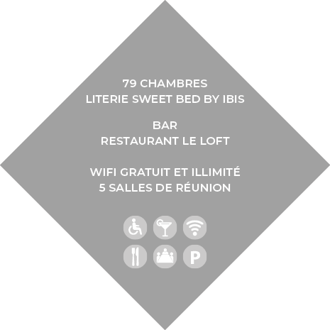 79 chambres Literie Sweet Bed by ibis Bar Restaurant le loft Wifi gratuit et illimité 5 salles de réunio