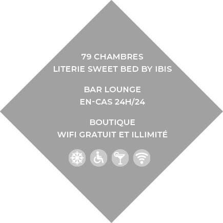 79 chambres Literie Sweet Bed by ibis Bar lounge En-cas 24h 24 Boutique Wifi gratuit et illimité