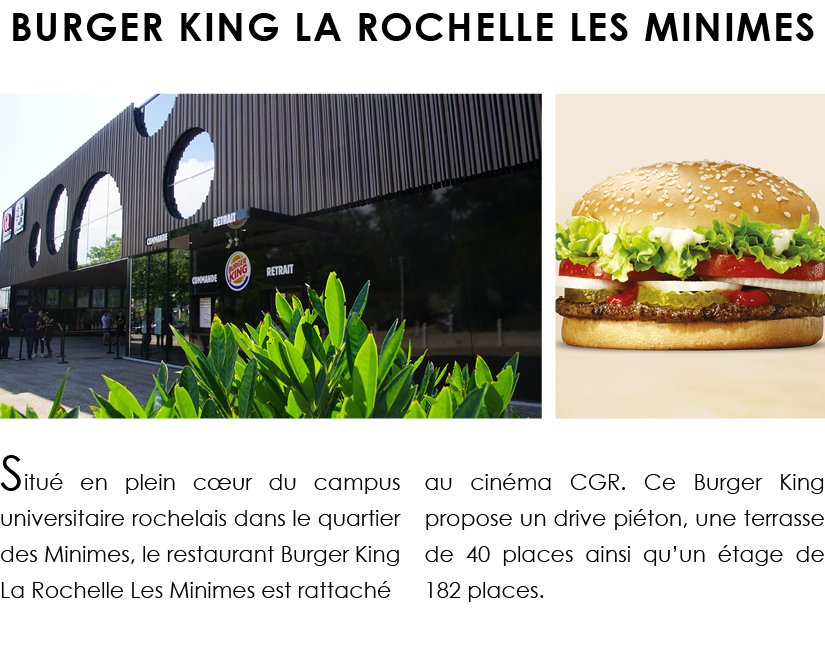 BURGER KING LA ROCHELLE LES MINIMES,Situé en plein cœur du campus universitaire rochelais dans le quartier des Minime   