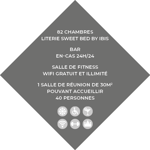 82 chambres Literie Sweet Bed by ibis Bar En-cas 24h 24 Salle de fitness Wifi gratuit et illimité 1 salle de réunion    
