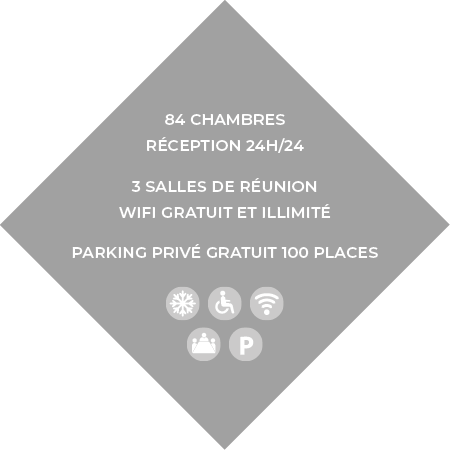 84 chambres Réception 24h 24 3 salles de réunion Wifi gratuit et illimité Parking Privé gratuit 100 place